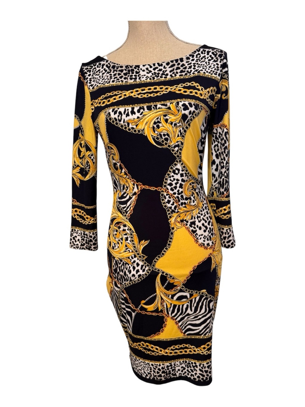 CACHE DRESS 3/4 SLEEVE BOATNECK BLACK WHITE YELLOW SHEATH Sz 6